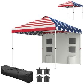 Outsunny 10' x 10' Pop Up Canopy Tent w/ Sidewall, Height Adjustable Instant Sun Shelter w/ Storage Pockets, American Flag Print