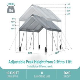 10 * 20 Heavy Duty Carport Canopy - Extra Large Portable Car Tent Garage with Adjustable Peak Height from 9.5ft to 11ft